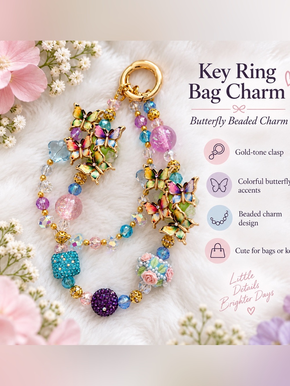 Butterfly Beaded Key Ring Bag Charm - Multicolor